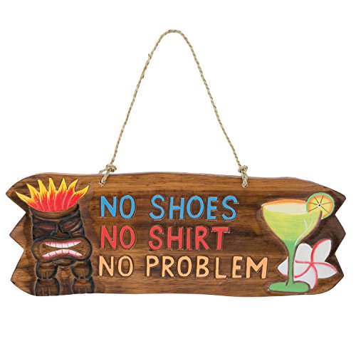 Product Cover No Shirt No Shoes No Problem Wood Tiki Mask Sign With Twine Hanger - Tropical Drink and Flower Accent - 17