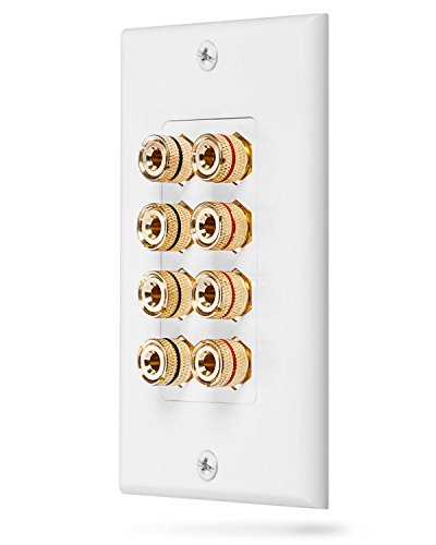 Product Cover Fosmon (Quad Speaker) Home Theater Wall Plate - Premium Quality Gold Plated Copper Banana Binding Post Coupler Type Audio Wall Plate for 4 Speakers (White)