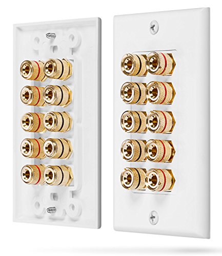 Product Cover Fosmon [Five Speaker] Home Theater Wall Plate - Premium Quality Gold Plated Copper Banana Binding Post Coupler Type Audio Wall Plate for 5 Speakers (White)