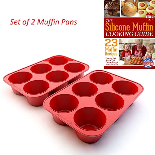 Product Cover Silicone Texas Muffin Pans and Cupcake Maker, 6 Cup Large, Professional Use, Plus Muffin Recipe Ebook