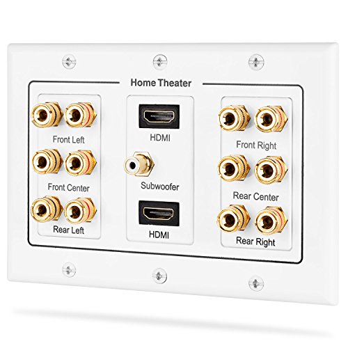 Product Cover Fosmon HD8005 [3-Gang 6.1 Surround Distribution] Home Theater Copper Banana Binding Post Coupler Type Wall Plate for 6 Speakers, 1 RCA Jack for Subwoofer & 2 HDMI Ports