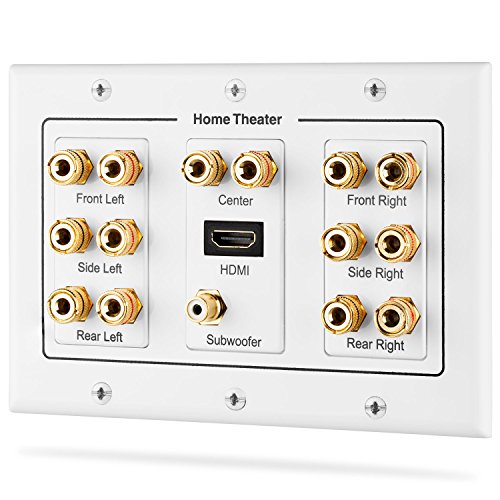 Product Cover Fosmon HD8006 3-Gang 7.1 Surround Distribution Home Theater Gold Plated Copper Banana Binding Post Coupler Type Wall Plate for 7 Speakers, 1 RCA Jack for Subwoofer & 1 HDMI Port