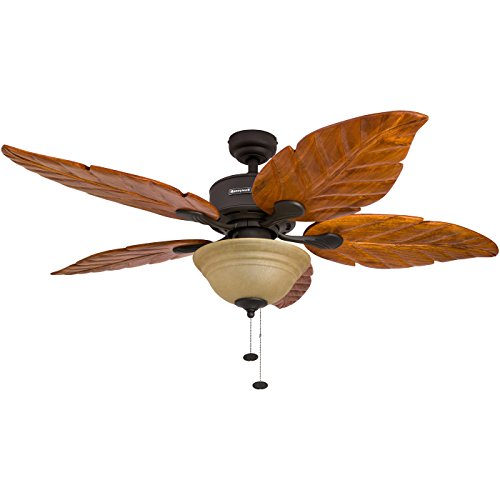Product Cover Honeywell Sabal Palm 52-Inch Tropical Ceiling Fan with Sunset Bowl Light, Five Hand Carved Wooden Leaf Blades, Lindenwood/Basswood, Bronze