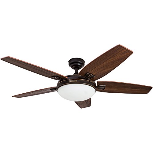 Product Cover Honeywell Carmel 48-Inch Ceiling Fan with Integrated Light Kit and Remote Control, Five Reversible Cimarron/Ironwood Blades, Oil-Rubbed Bronze