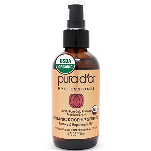 Product Cover PURA D'OR Organic Rosehip Seed Oil (4 oz / 118mL) 100% Pure Cold Pressed, USDA Certified Organic, All Natural Anti-Aging Moisturizer Treatment for Face, Hair, Skin, Nails, Men-Women (Packaging Varies)