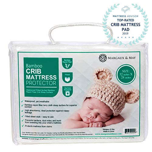 Product Cover Ultra Soft Crib Mattress Protector Pad by Margaux & May - Waterproof - Noiseless - Dryer Friendly - Deluxe Bamboo Rayon - Fitted, Quilted - Stain Protection Baby Cover (Standard Size 52