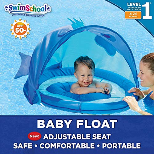 Product Cover SwimSchool Blue Fun Fish Fabric Baby Pool Float, Splash & Play Activity Center, Dual Air Pillow Chambers with Retractable Canopy and Safety Seat, Baby Float, UPF 50, 6 To 24 Months, Blue