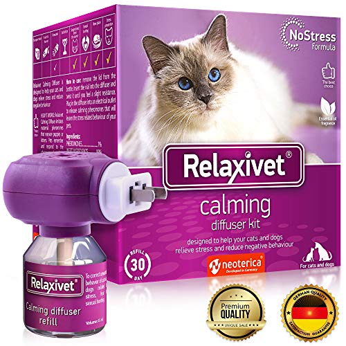 Product Cover Relaxivet Natural Cat Calming Pheromone Diffuser - Improved No-Stress Formula - Anti-Anxiety Treatment #1 for Cats and Dogs with a Long-Lasting Calming Effect