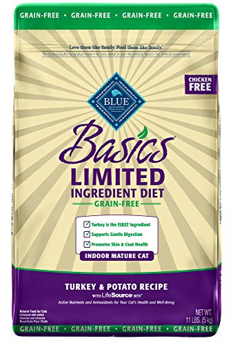 Product Cover Blue Buffalo Basics Limited Ingredient Diet Grain Free, Natural Indoor Mature Dry Cat Food, Turkey & Potato 11-lb