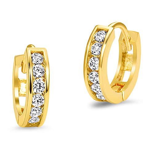 Product Cover 14k Gold Plated Brass Channel Cubic Zirconia Huggie Baby Girls Hoop Earrings