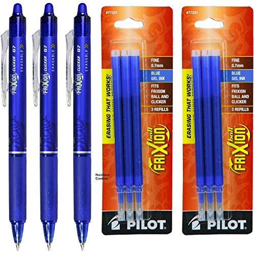 Product Cover Pilot Frixion Clicker Retractable Erasable Blue Gel Ink Pens, 3 Pens with 2 Packs of Refills