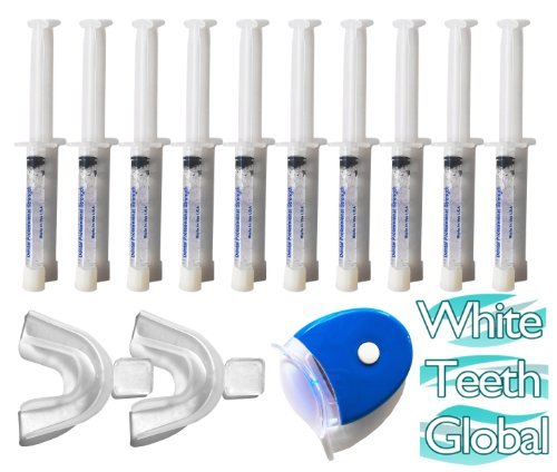 Product Cover White Teeth Global Branded 44% Carbamide Peroxide 10 Syringes of Teeth Whitening Gel - (1) LED Accelerator Light - (2) Trays - Shade Guide -Instructions Sheet - Best at Home Teeth Whitening Products