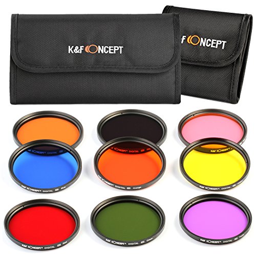 Product Cover 58mm Filter, K&F Concept 58mm 9pcs Round Full Color Filter Set Professional Color Filter Kit Lens Accessory Lens Filter Kit Compatible with Canon T5i T6 T3 DSLR Cameras + Filter Pouch