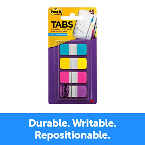 Product Cover Post-it Tabs.625 in. Solid, Aqua, Yellow, Pink, Violet, Durable, Writable, Repositionable, Sticks Securely, Removes Cleanly, 10/Color, 40/Dispenser, (676-AYPV)