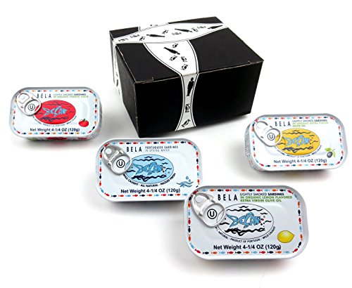 Product Cover BELA Portuguese Sardines 4-Flavor Variety: One 4.25 oz Tin Each in a BlackTie Box (4 Items Total)
