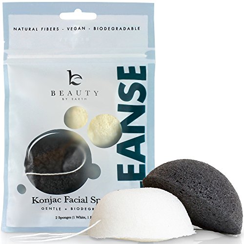Product Cover Konjac Sponge - 2 Pack of Natural Facial Sponges for Gentle Cleansing and Face Exfoliating Loofah for Use with Wash, Cleanser or Oil to Clean Skin (1 White Natural, 1 Black Charcoal)