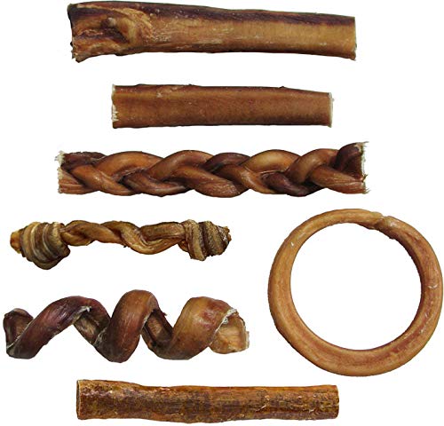 Product Cover Bully Stick Variety Pack - Includes 7 Different Thick Low-Odor Bully Sticks for Dogs, Best Beef Pizzle Stix Dog Treats, Natural Dental Dog Chews: Straight, Braided, Ring, Spring, More