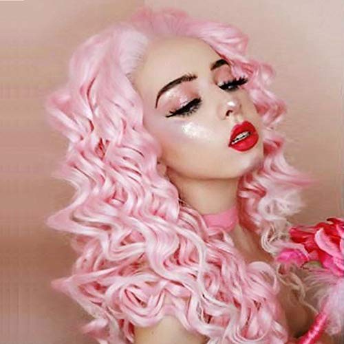 Product Cover Imstyle Ombre Pink Curly Lace Front Wigs For Women Cosplay Costume Daily Wear Bounce Fluffy Hair Heat Resistant 26 Inch(Pink)