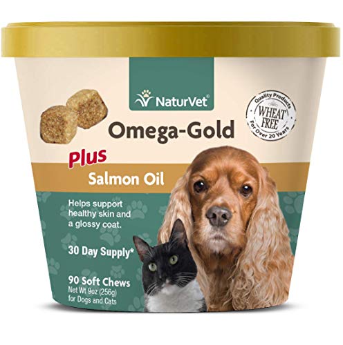 Product Cover NaturVet - Omega-Gold Plus Salmon Oil - Supports Healthy Skin & Glossy Coat - Enhanced with DHA, EPA, Omega-3 & Omega-6 - for Dogs & Cats - 90 Soft Chews
