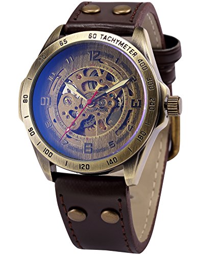 Product Cover AMPM24 Vintage Bronze Case Automatic Mechanical Skeleton Brown Leather Band Men's Sport Watch PMW368