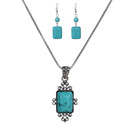 Product Cover YAZILIND Vintage Tibetan Silver Elegant Carved Rectangle Turquoise Pendant Necklace Earrings Jewelry Set