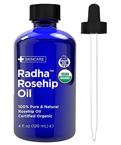 Product Cover Radha Beauty Rosehip Oil USDA Certified Organic, 4 oz. - 100% Pure & Cold Pressed. All Natural Anti-Aging Moisturizing Treatment for Face, Hair, Skin & Nails, Acne Scars, Wrinkles, Dry Spots