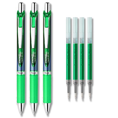 Product Cover Pentel EnerGel Deluxe RTX Liquid Gel Ink Pen Set Kit, Pack of 3 with 4 Refills (Green - 0.5mm)