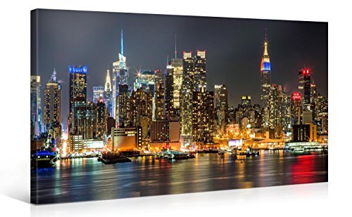 Product Cover Large Canvas Print Wall Art - MANHATTAN NIGHT LIGHTS - 40 x 20 Inch Canvas Picture Stretched On Wooden Frame - New York City Cityscape Giclee Canvas Printing - Hanging Wall Deco Picture