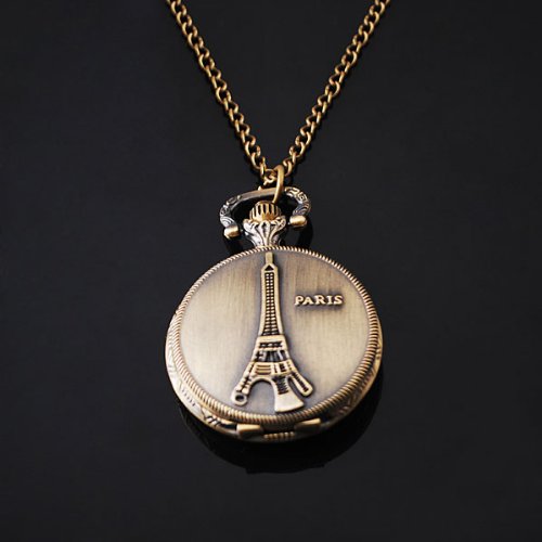 Product Cover Bronze Vintage Eiffel Tower Paris Women Bronze Chain Necklace Pocket Watch By Chonlyshop