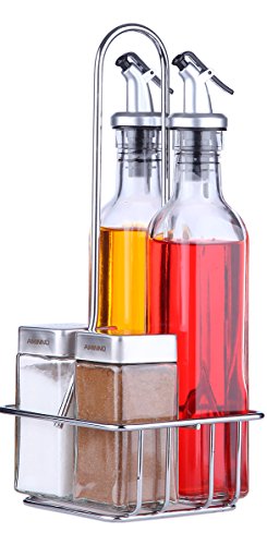 Product Cover Oil and Vinegar Dispensers 5 Piece Combo Set - Includes Glass Cruet Set and Salt and Pepper Shakers with Convenient Caddy Stand - Features Lever Release Pourer & Stainless Steel Tops - 9 oz. and 4 oz.