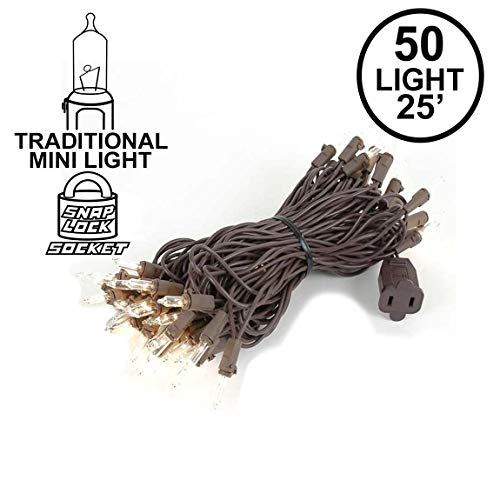 Product Cover Novelty Lights 50 Light Clear Christmas Mini String Light Set, Brown Wire, Indoor/Outdoor UL Listed, 25' Long