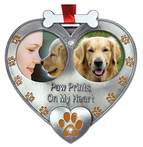 Product Cover BANBERRY DESIGNS Dog Photo Ornament - Double Picture Pet Ornament - Paw Prints on My Heart Ornament - Dog Memorial Ornament