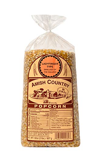 Product Cover Amish Country Popcorn - 2 Lb Ladyfinger Kernels - Old Fashioned, Non GMO, Gluten Free, Microwaveable, Stovetop and Air Popper Friendly With Recipe Guide
