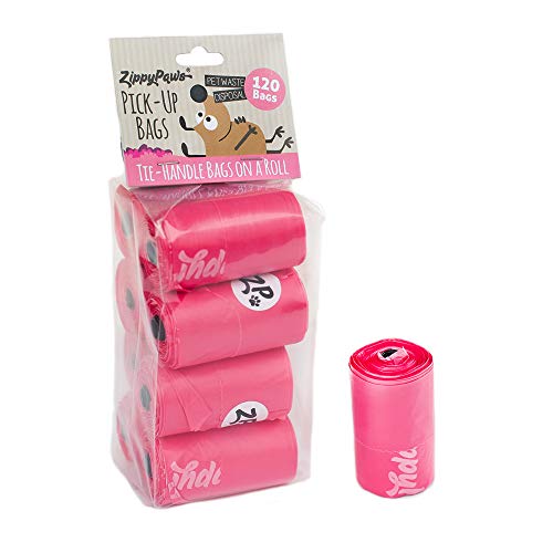 Product Cover ZippyPaws - Dog Poop Pick-Up Bags, Replacement Rolls, Large Strong Waste Bags with Easy-Tie Handles, Measures 14.5 Inch by 5.5 Inch - Pink, 120 Count