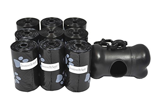 Product Cover 180 Pet Waste Bags, Dog Waste Bags, Bulk Poop Bags with Leash Clip and Bone Bag Dispenser - (180 Bags, Black with Paw Prints)