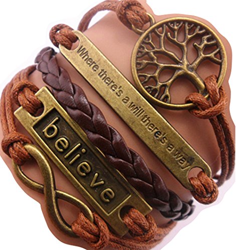 Product Cover Ac Union Handmade Where There's a Will There's a Way Tree for Life Believe Charm Friendship Gift Leather Bracelet