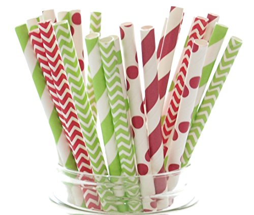 Product Cover Christmas Straws, Red & Green Holiday Straws, Vintage Party Supplies, Santa Red & Elf Green Straws, 25 Pack - December Christmas Straws