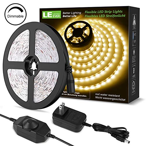Product Cover LE 16.4ft Dimmable Strip Kit with 12V Power Supply, 300 SMD 2835 Non-Waterproof LED Tape, Flexible Rope Light for Home, Kitchen, Under Cabinet, Bedroom, Warm White, 1 Pack Adapter