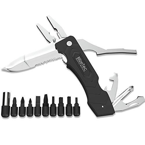Product Cover BlizeTec Multitool Pocket Knife Pliers: 15 Functional Tools with Shape Drop Point Serrated Edge Folding Knife, Multi Pliers, Can/Bottle Opener, Phillips Screwdriver, Bit Holder & 9 Utility Sets