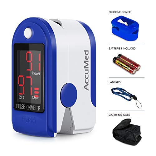 Product Cover AccuMed CMS-50DL Fingertip Pulse Oximeter Blood Oxygen SpO2 Sports and Aviation Fingertip Monitor w/Carrying case, Lanyard Silicon Case & Battery (Blue)