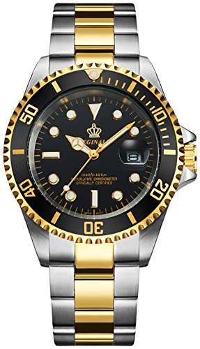 Product Cover Mens Luxury Watches Ceramic Bezel Sapphire Glass Luminous Quartz Silver Gold Two Tone Stainless Steel Watch (Gold Black)