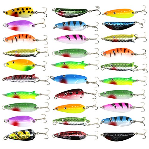 Product Cover Shaddock Fishing ® 30Pcs Mixed Fishing Metal Lures Colorful Meatl Casting Fishing Spinner Baits Spoon Fishing Lures Sharp Treble Hooks Tackle Kit