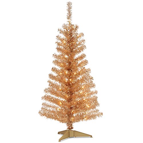 Product Cover National Tree 4 Foot Champagne Tinsel Tree with Plastic Stand and 70 Clear Lights (TT33-302-40)