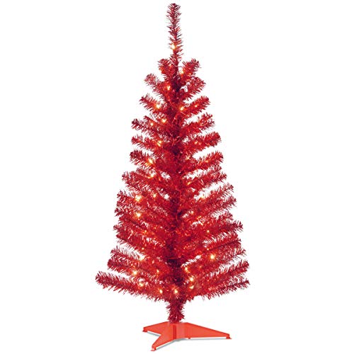 Product Cover National Tree 4 Foot Red Tinsel Tree with Plastic Stand and 70 Clear Lights (TT33-305-40)