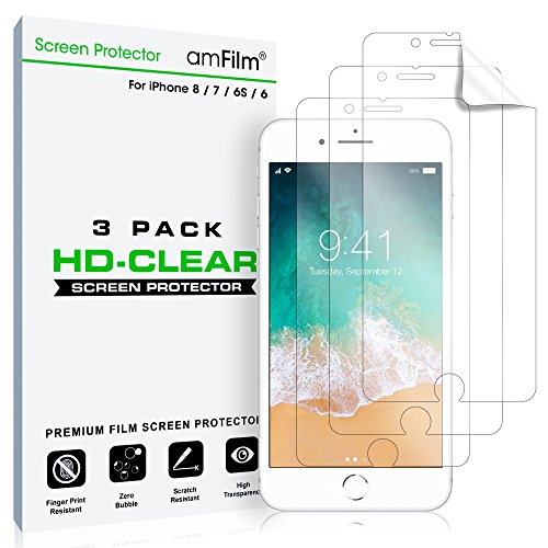 Product Cover amFilm Screen Protector for iPhone 8, 7, 6S, 6 (3 Pack) HD Clear, Flex Film, Case Friendly