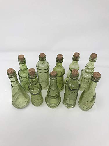 Product Cover Vintage Glass Bottles with Corks, Bud Vases, Assorted Shapes, 5 Inch Tall, Mini Vases, Set of 10 Bottles, (Green)