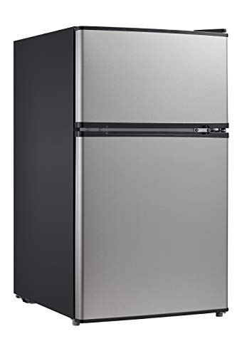 Product Cover Midea WHD-113FSS1 Double Door Mini Fridge with Freezer for Bedroom Office or Dorm with Adjustable Remove Glass Shelves Compact Refrigerator 3.1 cu ft, Stainless Steel
