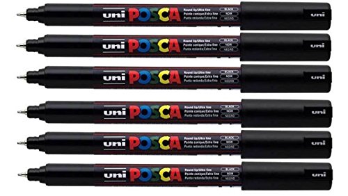 Product Cover Uni Posca PC-1MR Black Colour Paint Marker Pens Ultra Fine 0.7mm Calibre Nib Tip Writes On Any Surface Glass Metal Plastic Fabric Stone Wood (Pack of 6)