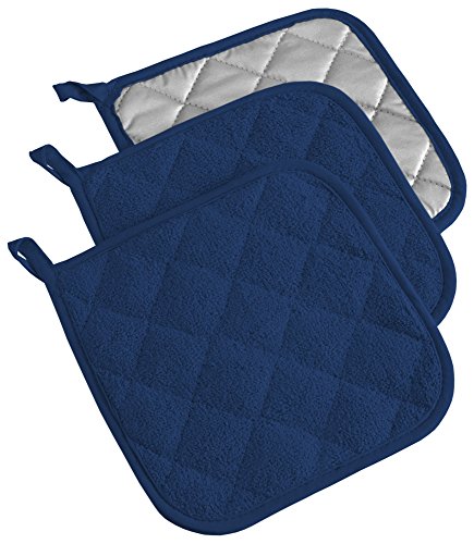 Product Cover DII 100% Cotton, Terry Pot Holder Set Machine Washable, Heat Resistant, 7 x 7, Nautical Blue, 3 Piece