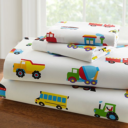 Product Cover Wildkin Twin Sheet Set, 100% Cotton Twin Sheet Set with Top Sheet, Fitted Sheet, and One Pillow Case, Bold Patterns Coordinate with Other Room Décor, Olive Kids Design - Trains, Planes, & Trucks